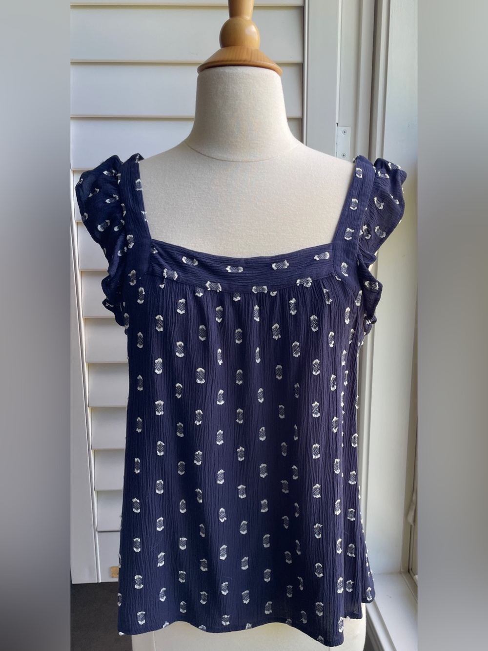 LOFT Navy Blue Square Neck Flutter Sleeve Tank Blouse with White Dot Accents